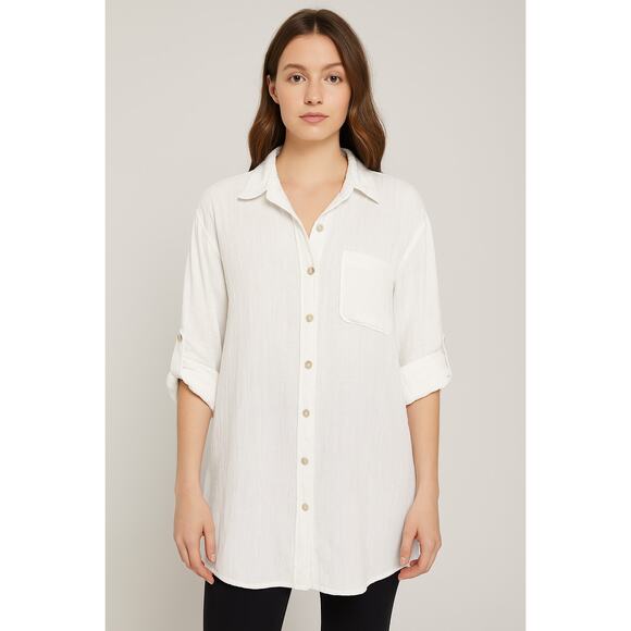Women’s Linen Blend Button Down Shirt Oversize Tunic White L Boho Gothic Coastal - Picture 1 of 8